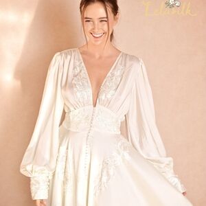 Wedding Dress- 100% Silk, Vintage Inspired, V-neck, Buttoned Front